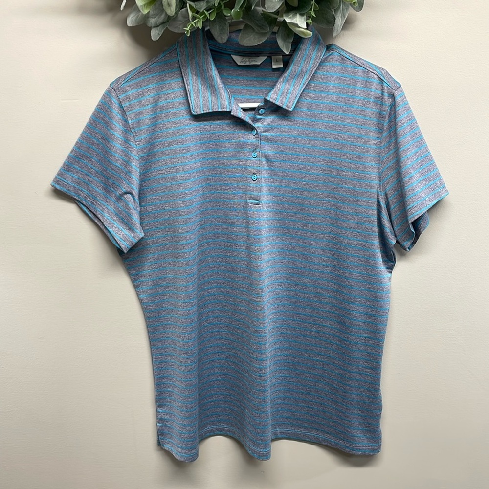 Lady Hagen Short Sleeve Golf Polo Shirt Gray Blue Striped L